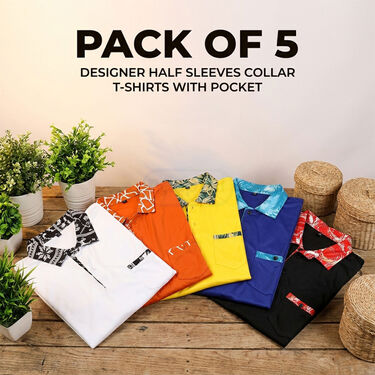 Pack of 5 Designer Half Sleeves Collar T-Shirts With Pocket (5PT30)