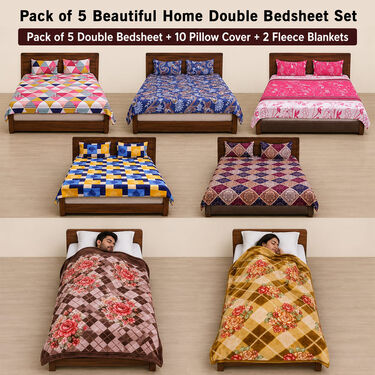 Pack of 5 Beautiful Home Double Bedsheets Set With 2 Blankets (5BS2FB)