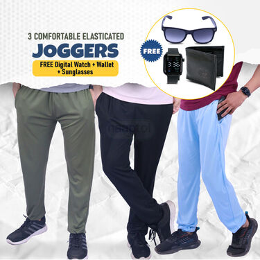 3 Comfortable Elasticated Joggers + FREE Digital Watch + FREE Wallet + FREE Sunglasses (3SPT11)