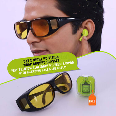 Day & Night HD Vision Wrap Around glasses + FREE Premium Bluetooth Wireless Earpod With Charging Case & LED Display (NVWP1)